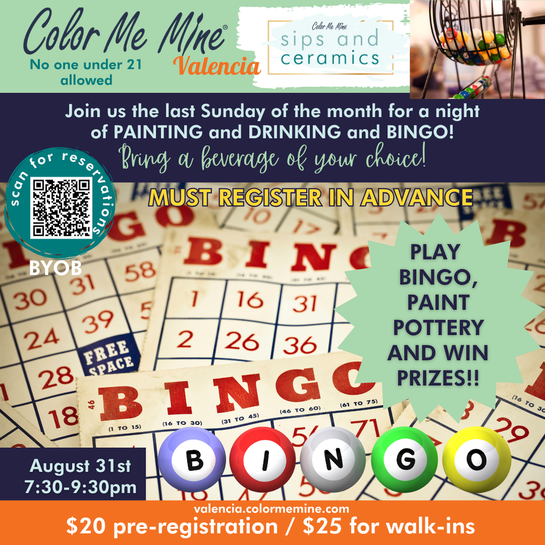 Age 21+ Sips and Ceramics - Different theme each  month