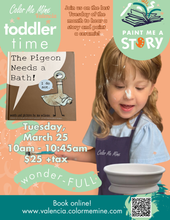 Load image into Gallery viewer, Toddler Tuesdays! Monthly Storytime and Ceramic Painting!
